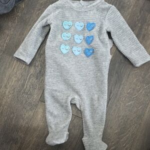 Gray Ribbed Baby One-Piece with Blue Heart Appliqués